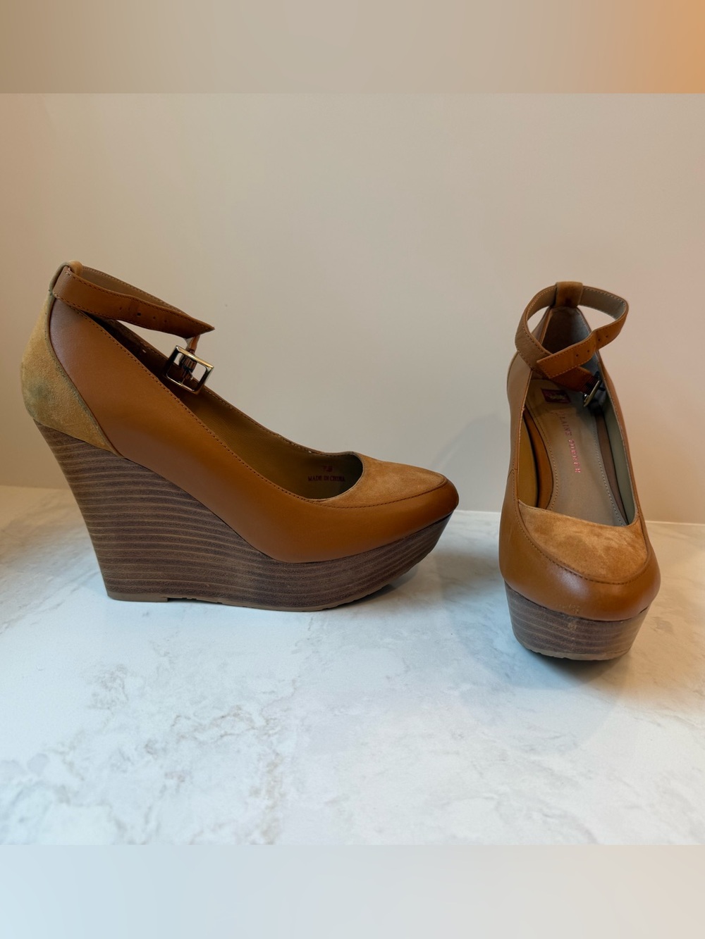 Elaine Turner Cognac Leather & Suede Platform Wedges - Size 7.5